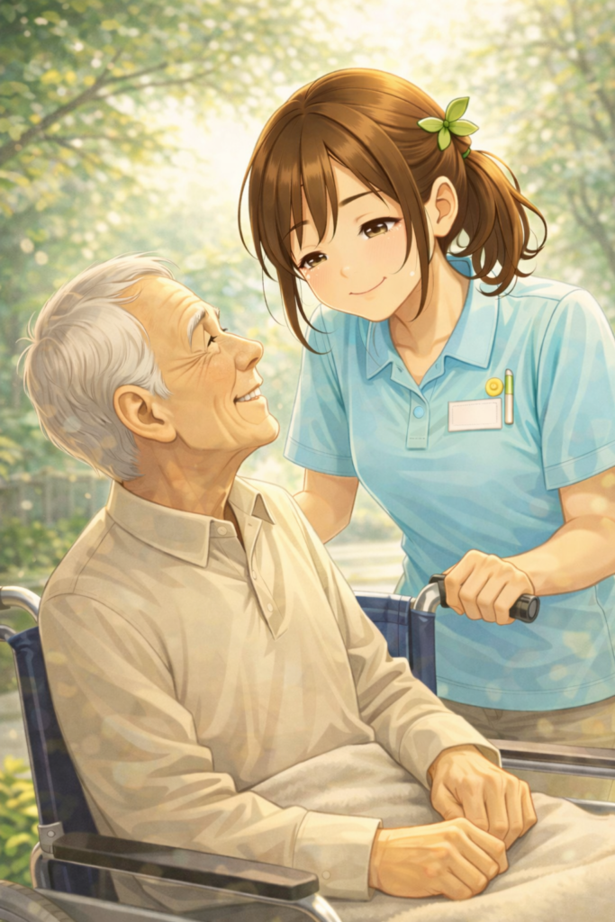 「介護職 辛い 辞めたい」介護職の女性が利用者と接している画像