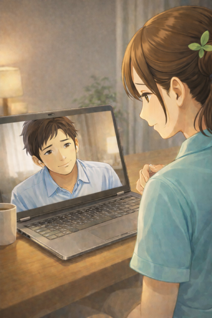 「介護職 辛い 辞めたい」介護職の女性がオンライン相談で悩みを打ち明けている画像