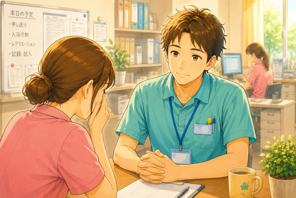 介護職がもう無理と感じた女性の話を聴く男性