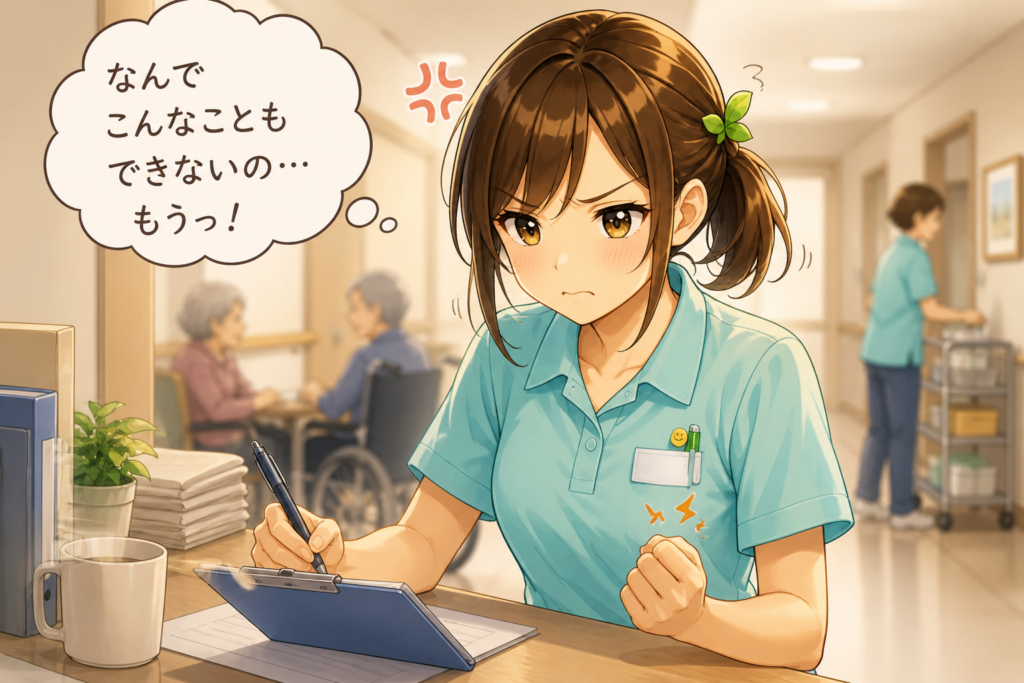 介護職がもう無理と感じて　疲れてイライラしている女性職員