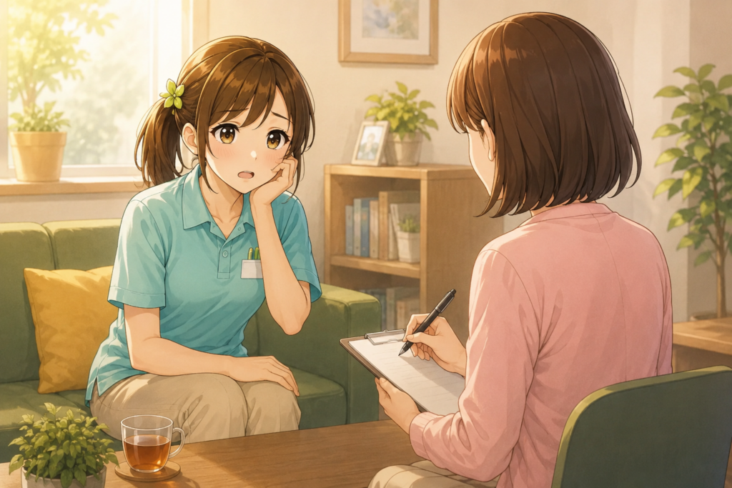 介護職員が人間関係の悩みを相談している